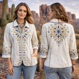 Bob Mackie Wearable Art Embroidered Jacket Size Large Cream Blue Gold Southweste